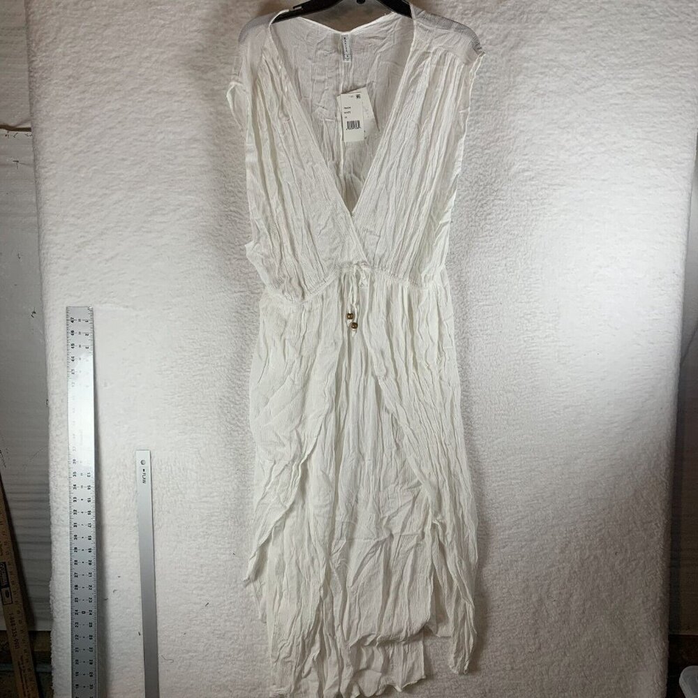Raviya Cover-Up Maxi Dress Women's 1X White Drawstring-Waist Front Slit S9494